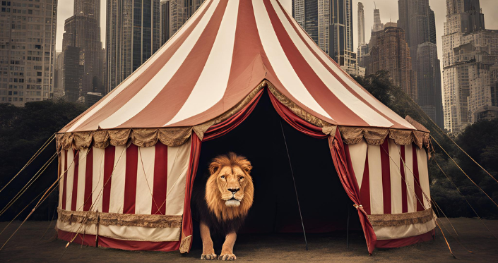 A vintage circus tent with red and white stripes, from which a fully grown lion is emerging. In the background, skyscrapers reflect a corporate dystopia.